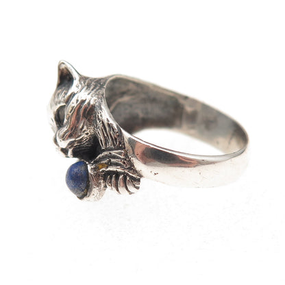 925 Sterling Silver Vintage Real Lapis Cat Oxidized Ring Size 7