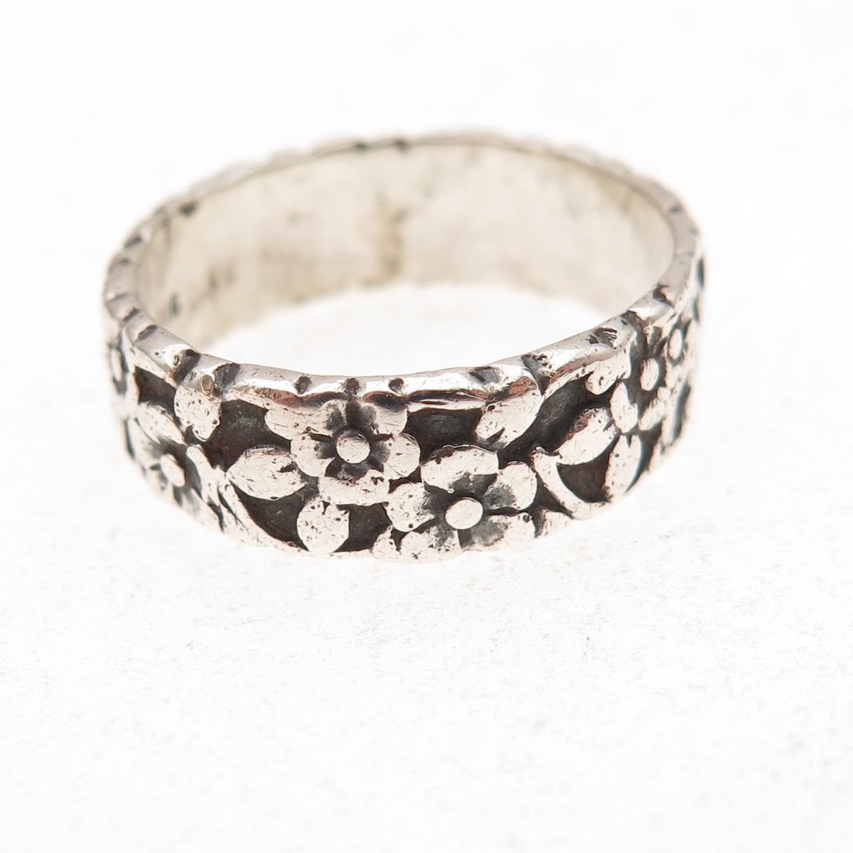 925 Sterling Silver Antique Art Deco Forget Me Not Floral Oxidized Ring Size 7