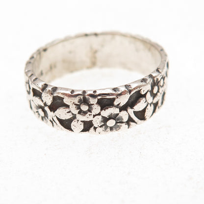 925 Sterling Silver Antique Art Deco Forget Me Not Floral Oxidized Ring Size 7