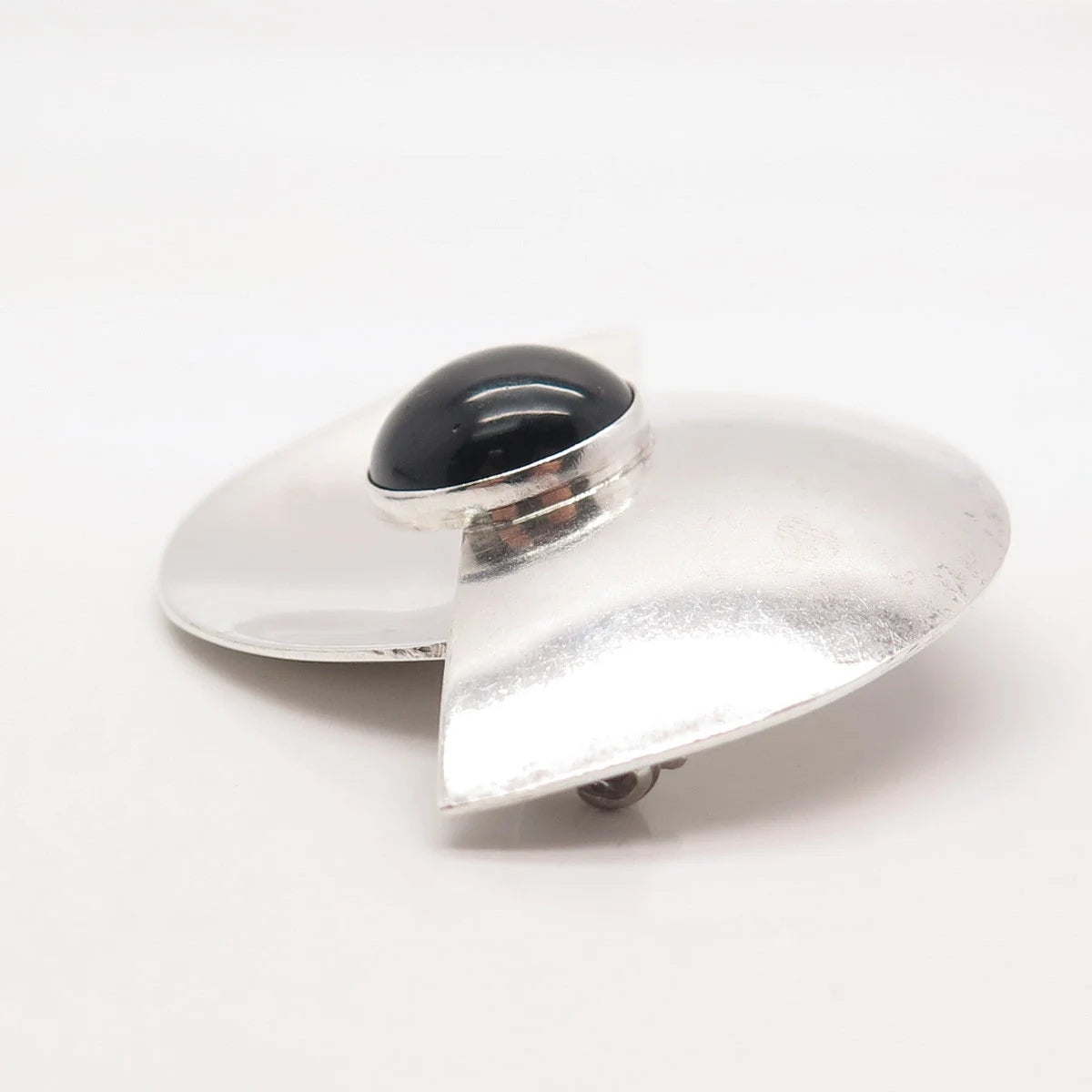 925 Sterling Silver Vintage Mexico Real Black Onyx Gem Modernist Pin Brooch