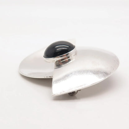 925 Sterling Silver Vintage Mexico Real Black Onyx Gem Modernist Pin Brooch