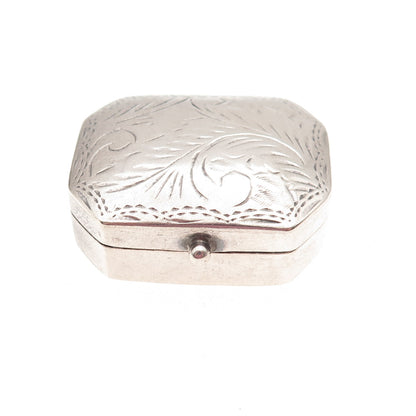 925 Sterling Silver Vintage Engraved Floral Oxidized Pill / Snuff Box