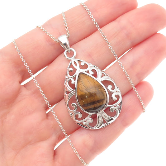HN Heng Ngai 925 Sterling Silver Vintage Real Tiger Eye Cable Chain Necklace 18"