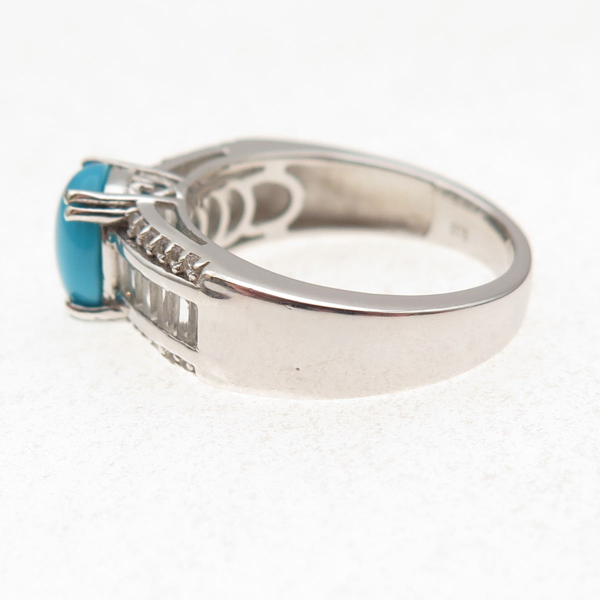 Chuck Clemency 925 Sterling Silver Real Turquoise & White Topaz Ring Size 8.25
