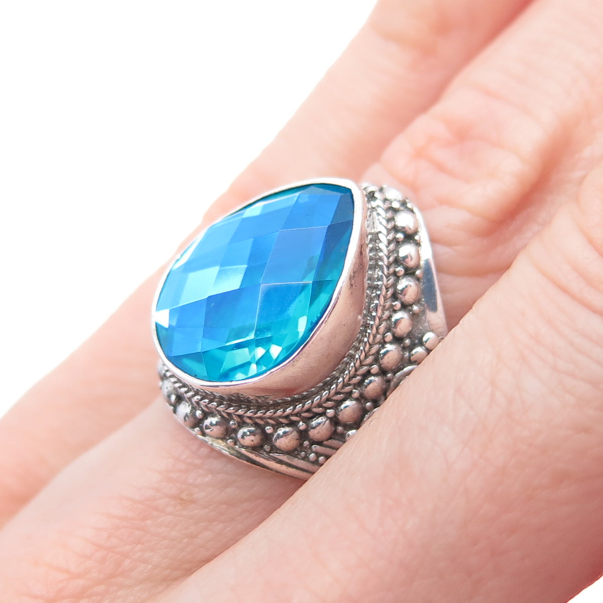 SARDA 925 Sterling Silver Vintage Mystic Blue C Z Teardrop Beaded Ring Size 5.5