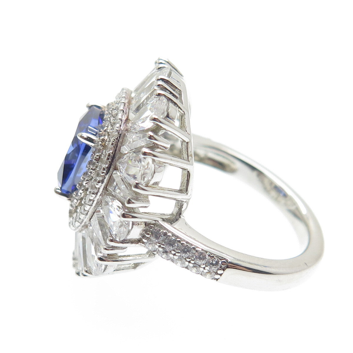DSMK 925 Sterling Silver White & Blue Multi-C Z Cluster Wide Ring Size 7.25