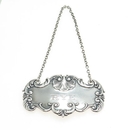 925 Sterling Silver Antique Art Deco "Rye" Bottle Tag 6"
