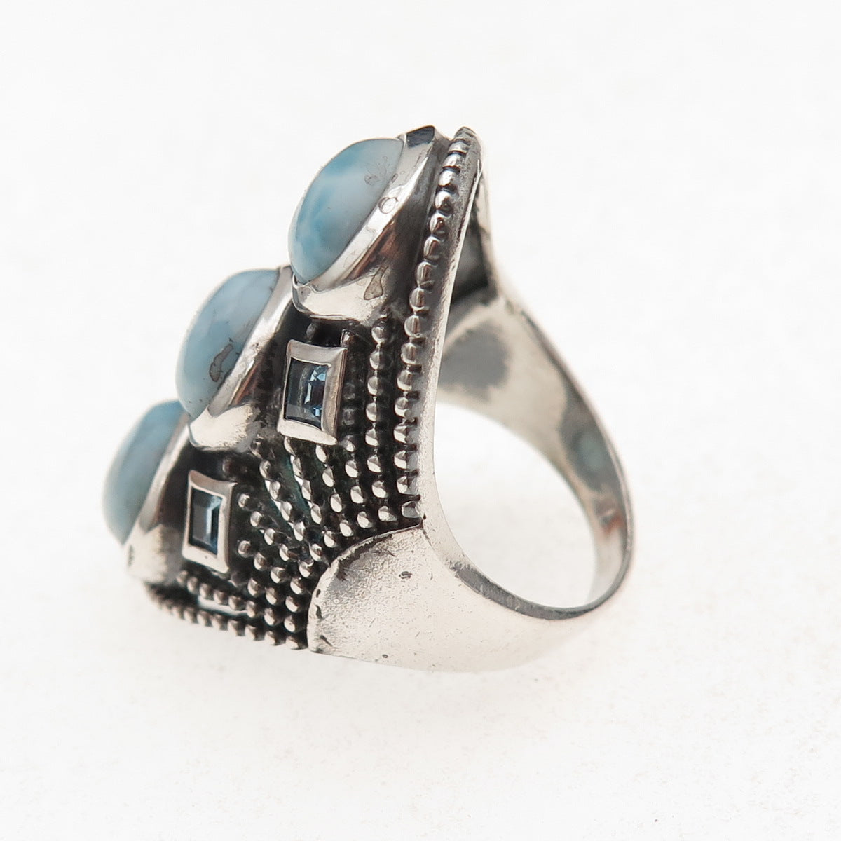 925 Sterling Silver Vintage Real Larimar & Blue Topaz Oxidized Ring Size 8