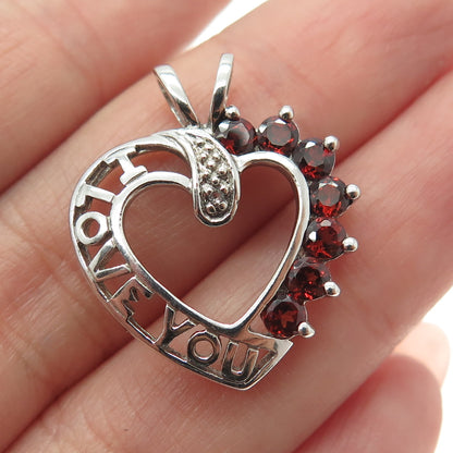 J&T 925 Sterling Vintage Red Garnet & Topaz Gem "I Love You" Heart Pendant