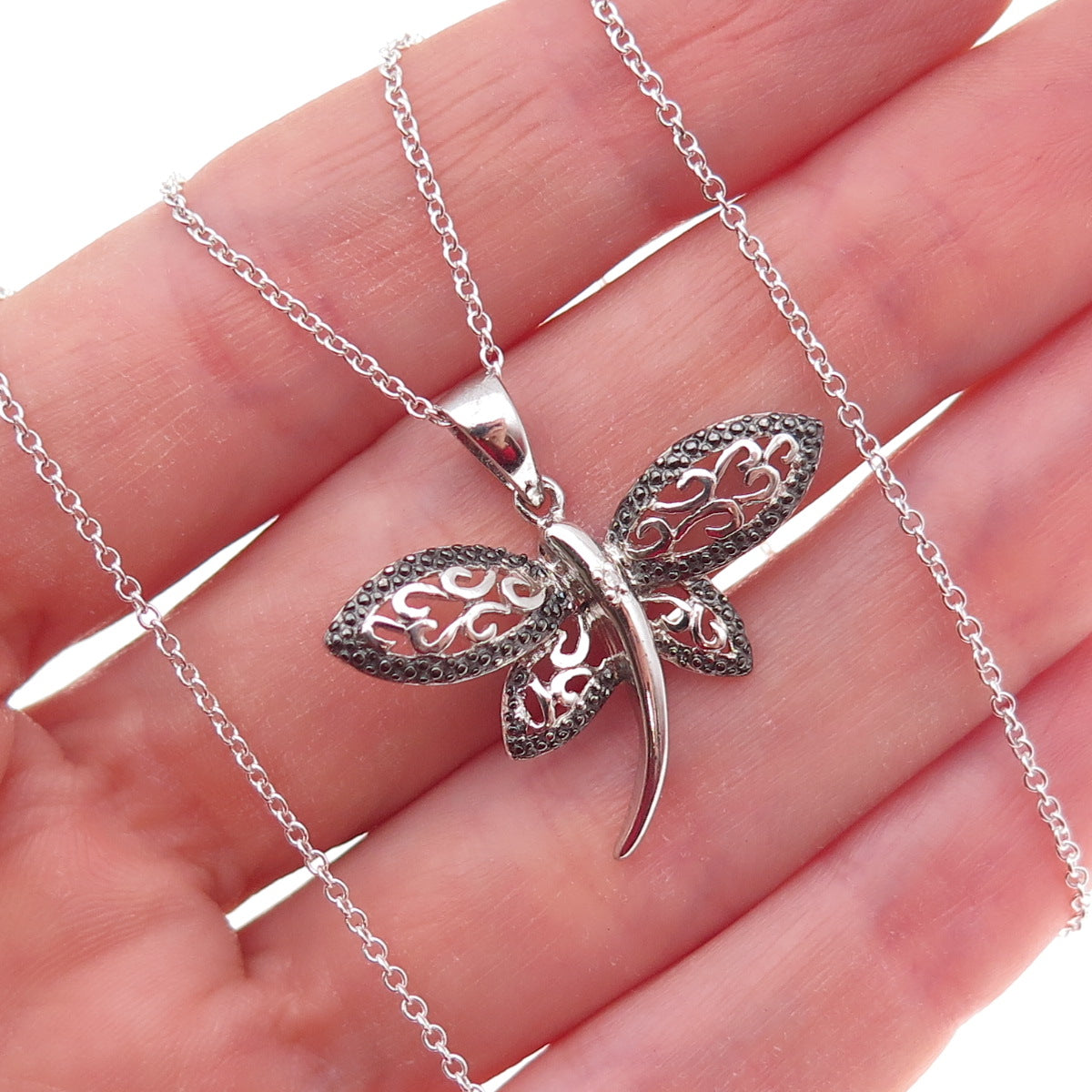 Han 925 Sterling Silver Real Diamond Accent Dragonfly Cable Chain Necklace 18"