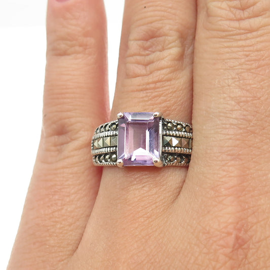 HAN 925 Sterling Silver Vintage Emerald-Cut Amethyst & Marcasite Ring Size 7