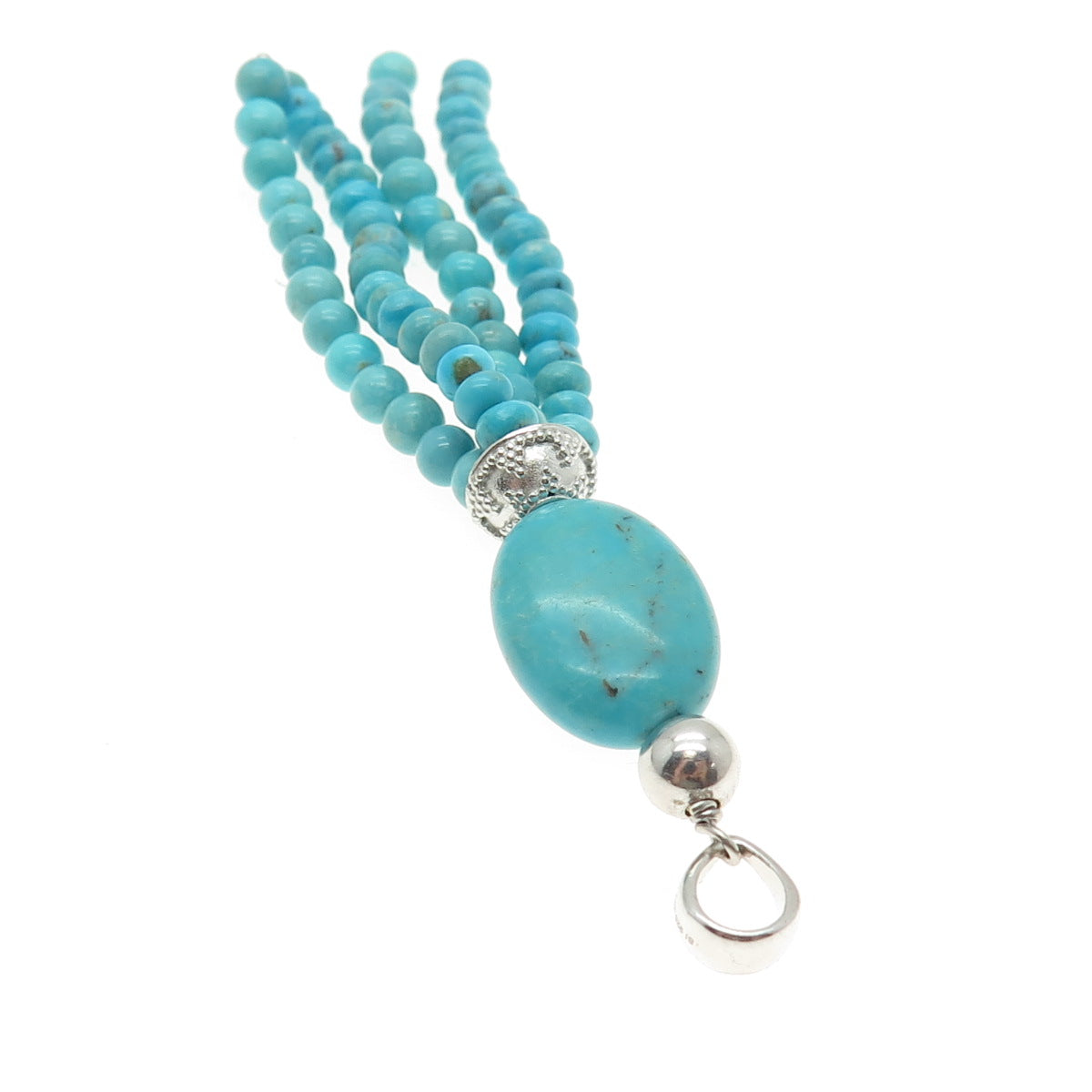 925 Sterling Silver Vintage Real Turquoise Gemstone Beaded Tassel Pendant