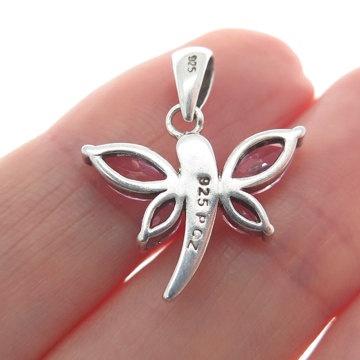 925 Sterling Silver Vintage Pink Marquise-Cut Shaped C Z Dragonfly Pendant