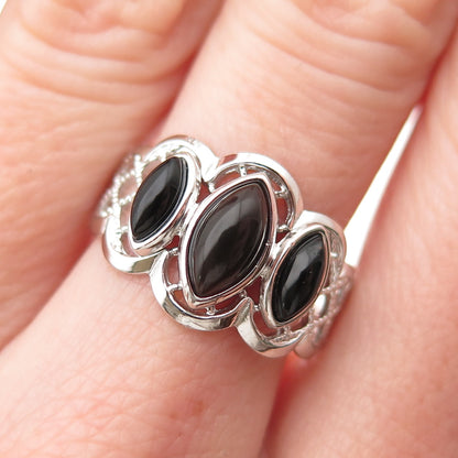 BEAU 925 Sterling Silver Vintage Real Black Onyx Modernist Ring Size 8