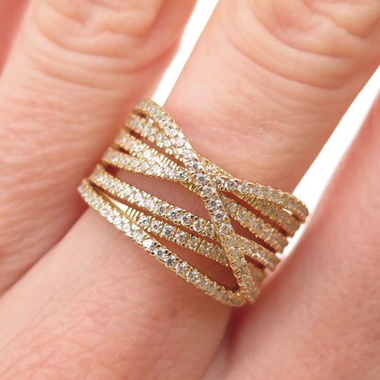 925 Sterling Silver Gold Plated Round-Cut C Z Crisscross Ring Size 6.25