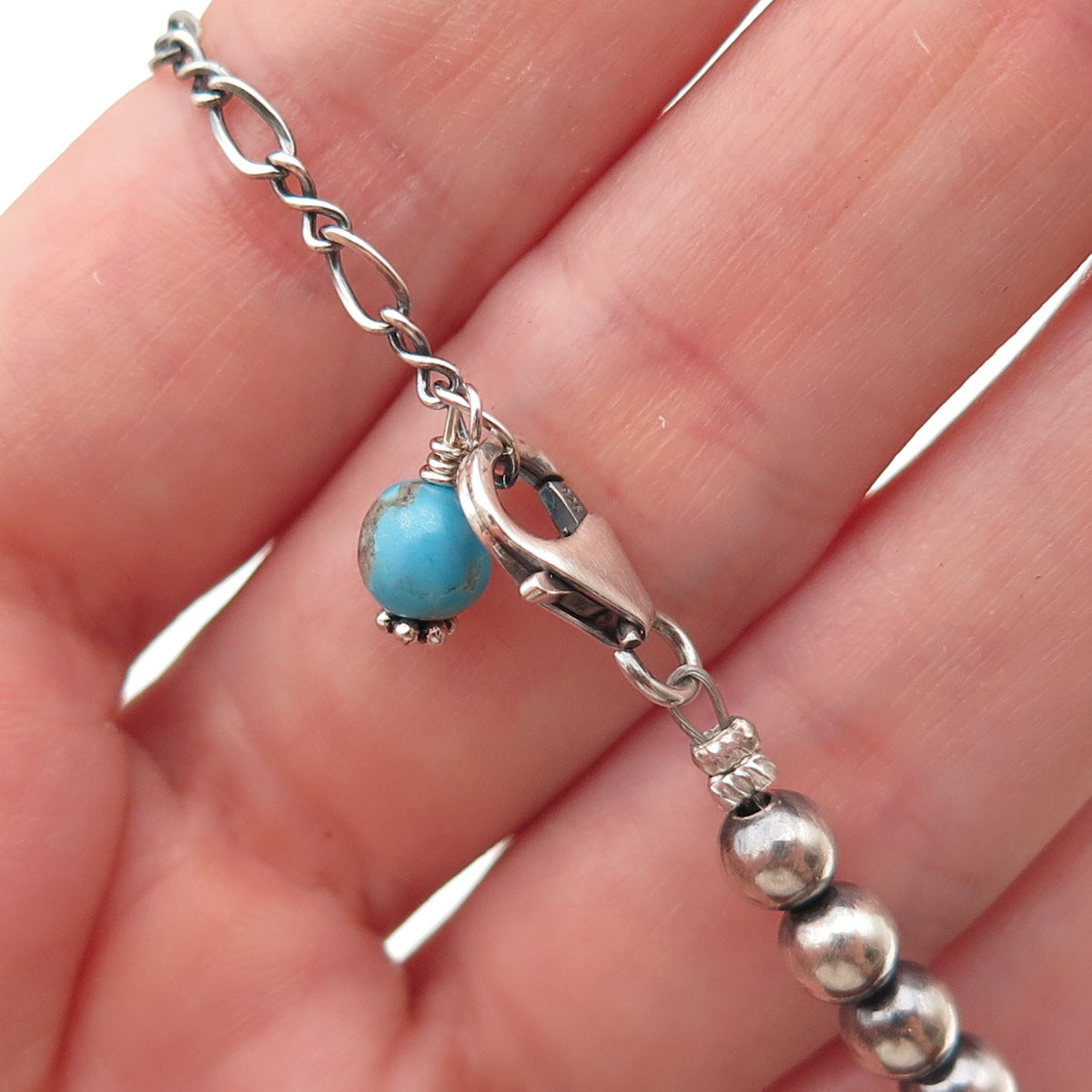 925 Sterling Silver Vintage Real Turquoise Ball Beaded Chain Necklace 16-18"