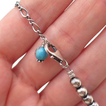 925 Sterling Silver Vintage Real Turquoise Ball Beaded Chain Necklace 16-18"