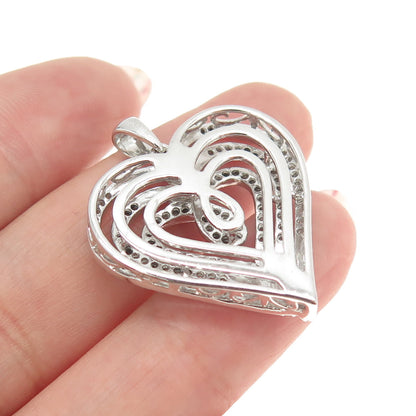SUN 925 Sterling Silver Real Round-Cut Diamond Sparkle Heart Pendant
