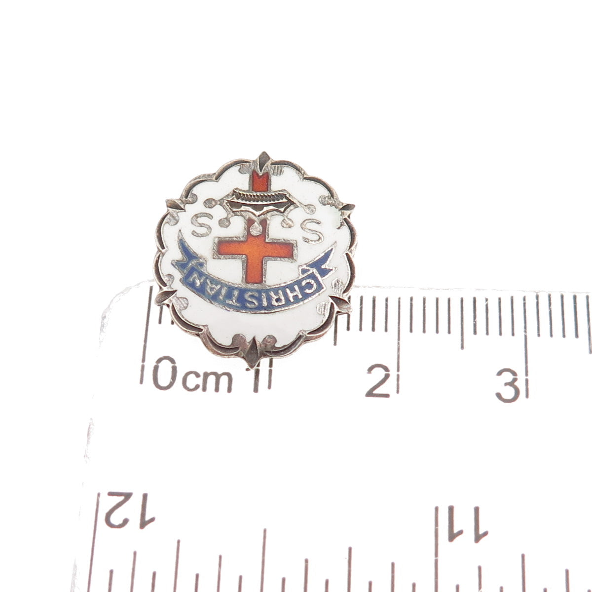 Cross Crown Little System Sterling Vintage Enamel Christian Sunday School Brooch