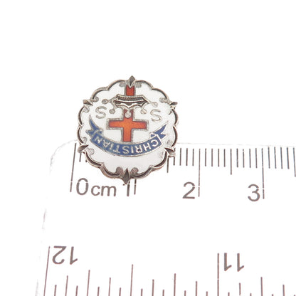 Cross Crown Little System Sterling Vintage Enamel Christian Sunday School Brooch