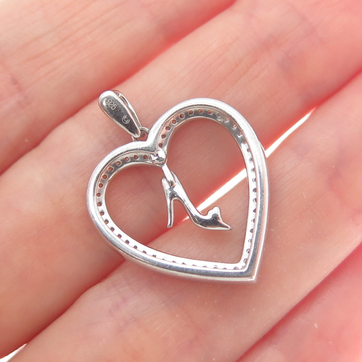 925 Sterling Silver Round-Cut C Z Ladies High Heel Shoe Heart Charm Pendant