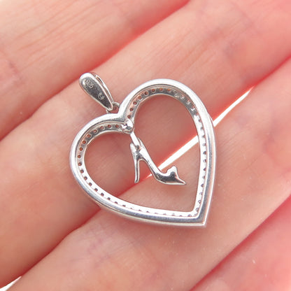 925 Sterling Silver Round-Cut C Z Ladies High Heel Shoe Heart Charm Pendant