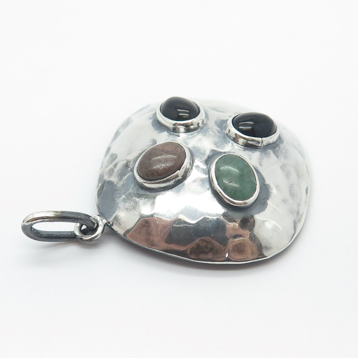 925 Sterling Silver Vintage Mexico Black Onyx Rhodonite & Aventurine Gem Pendant