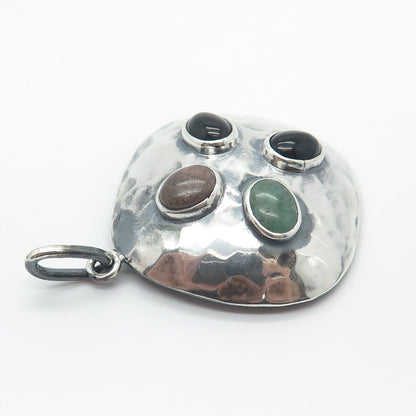 925 Sterling Silver Vintage Mexico Black Onyx Rhodonite & Aventurine Gem Pendant