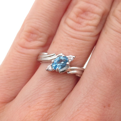 925 Sterling Silver Vintage Real Blue Topaz & C Z Bypass Ring Size 6.25
