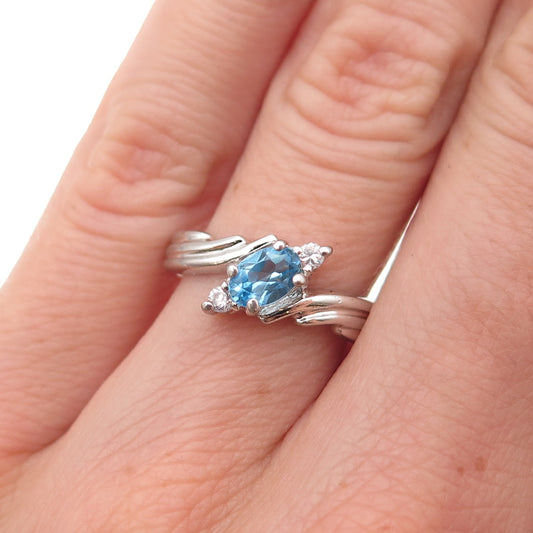 925 Sterling Silver Vintage Real Blue Topaz & C Z Bypass Ring Size 6.25