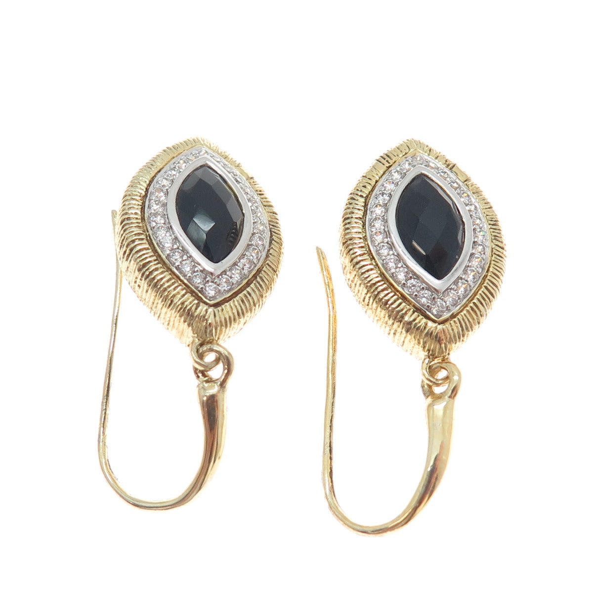 FADI 925 Sterling Silver Gold Plated Real Black Onyx & C Z Dangle Earrings