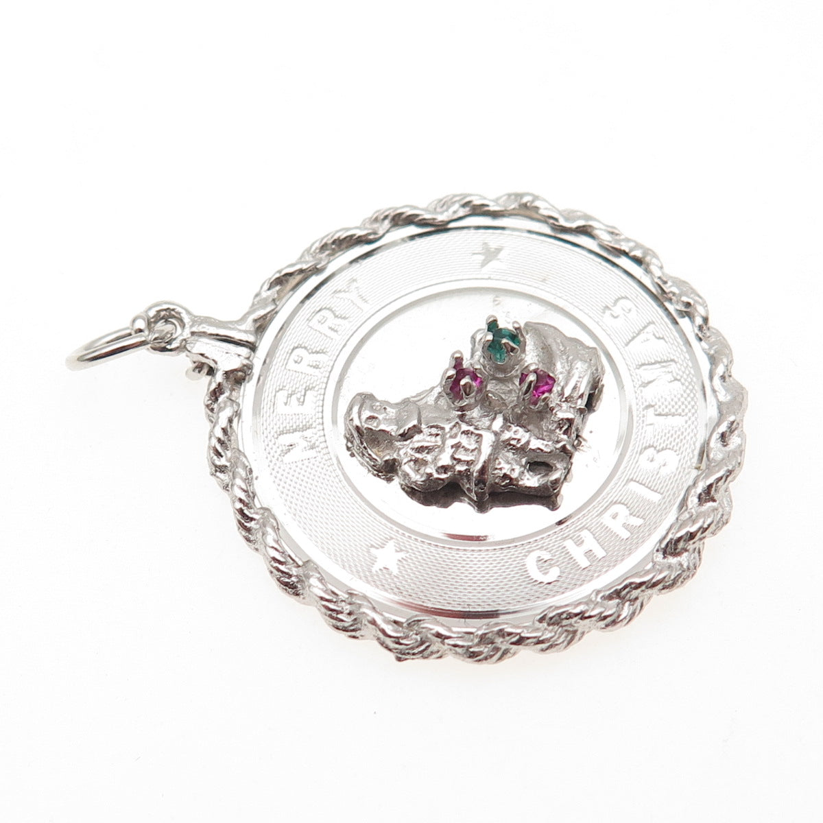 925 Sterling Silver Vintage Rhinestone Santa Merry Christmas Charm Pendant