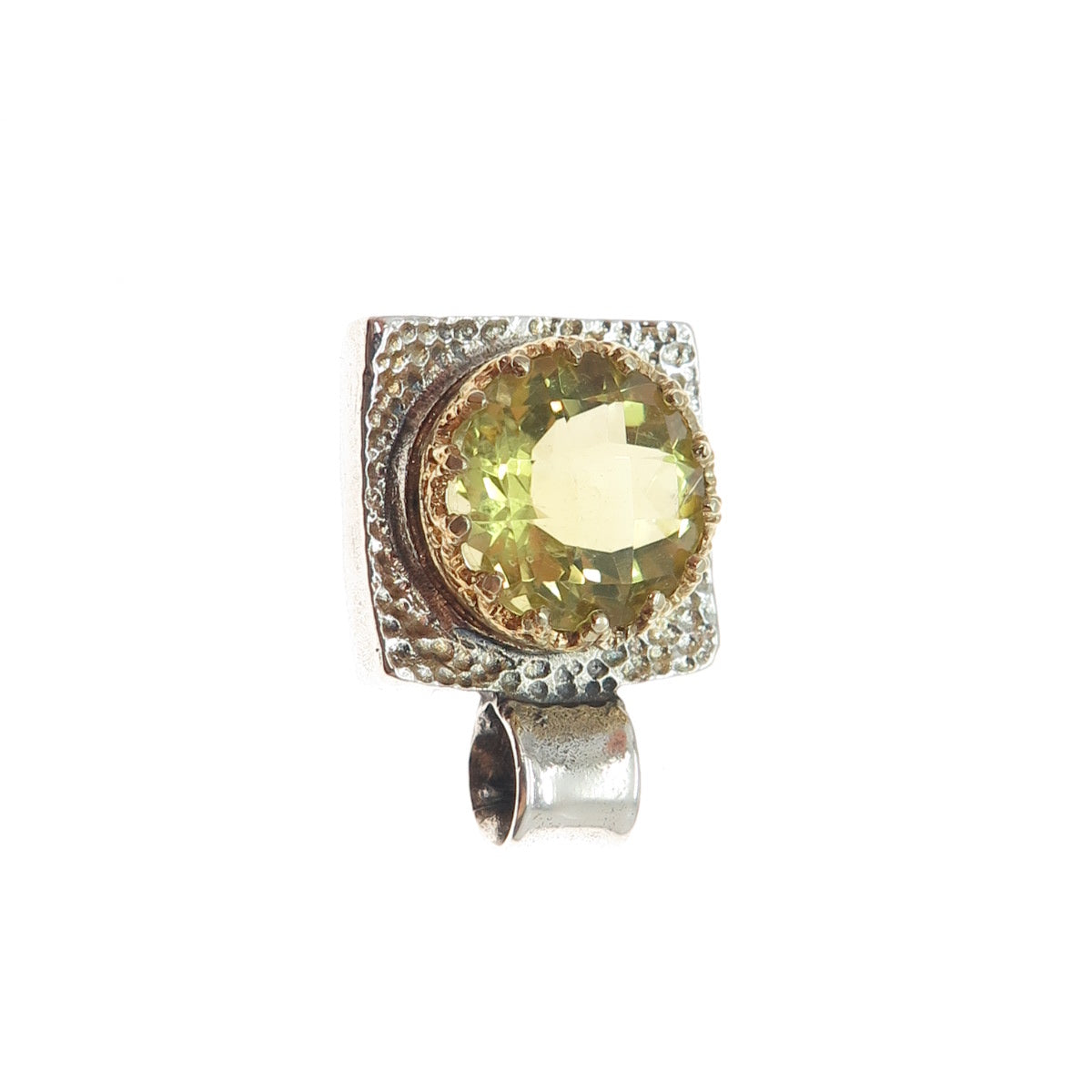 925 Sterling Silver 2-Tone Vintage Real Lime Quartz Hammered Charm Pendant