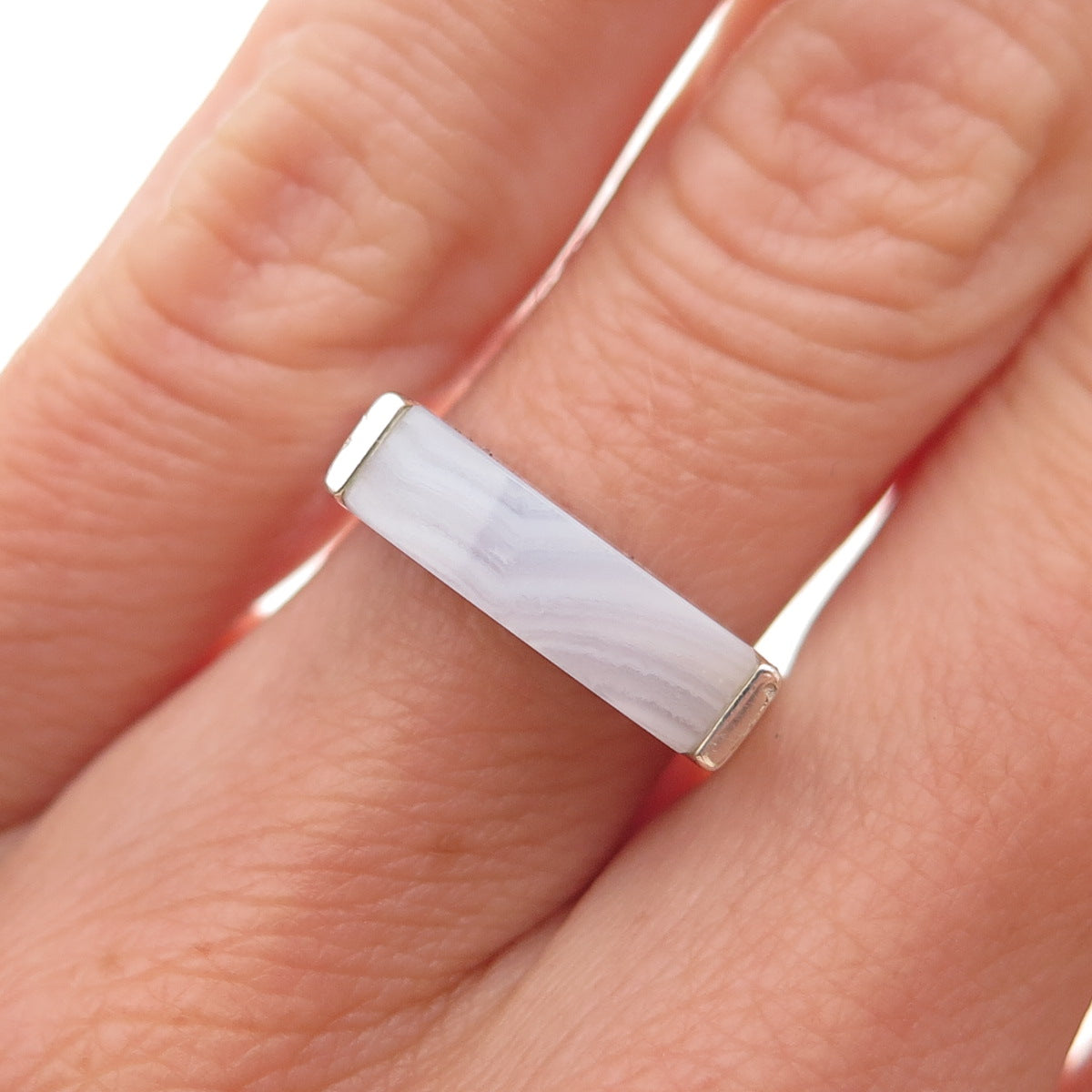 Monica Vinader 925 Sterling Silver Real Blue Lace Agate Linear Stone Ring Size 5