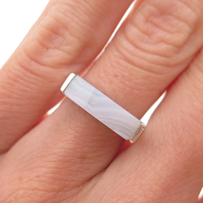 Monica Vinader 925 Sterling Silver Real Blue Lace Agate Linear Stone Ring Size 5