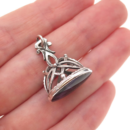 925 Sterling Silver Antique Victorian Real Amethyst Chatelaine Fob Charm Pendant
