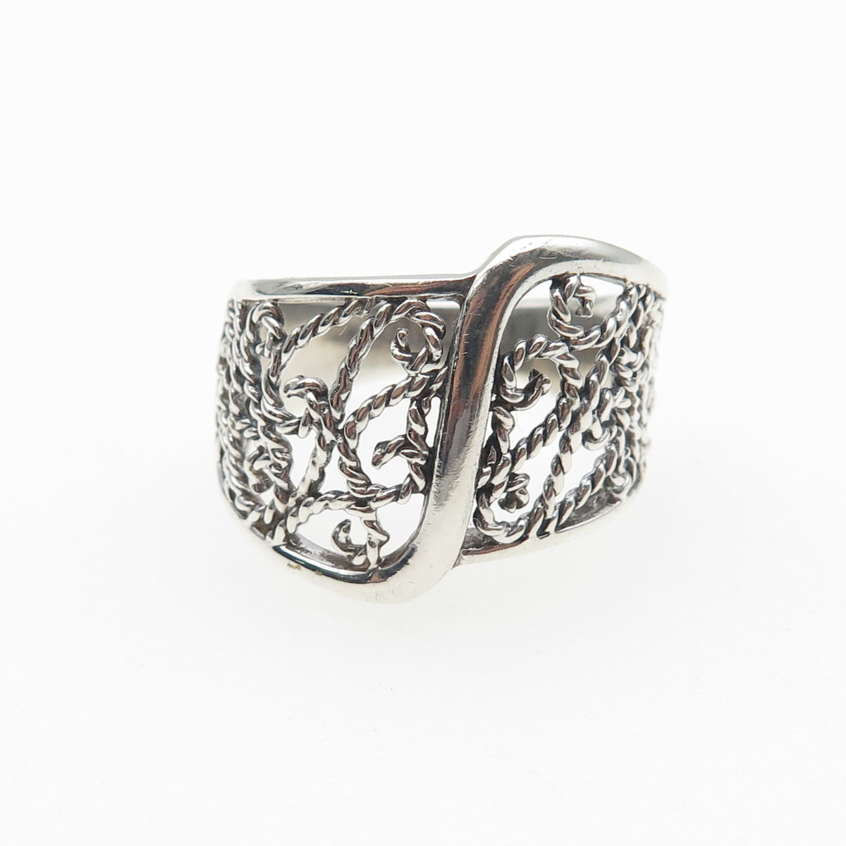 925 Sterling Silver Vintage Modernist Filigree Oxidized Ring Size 8