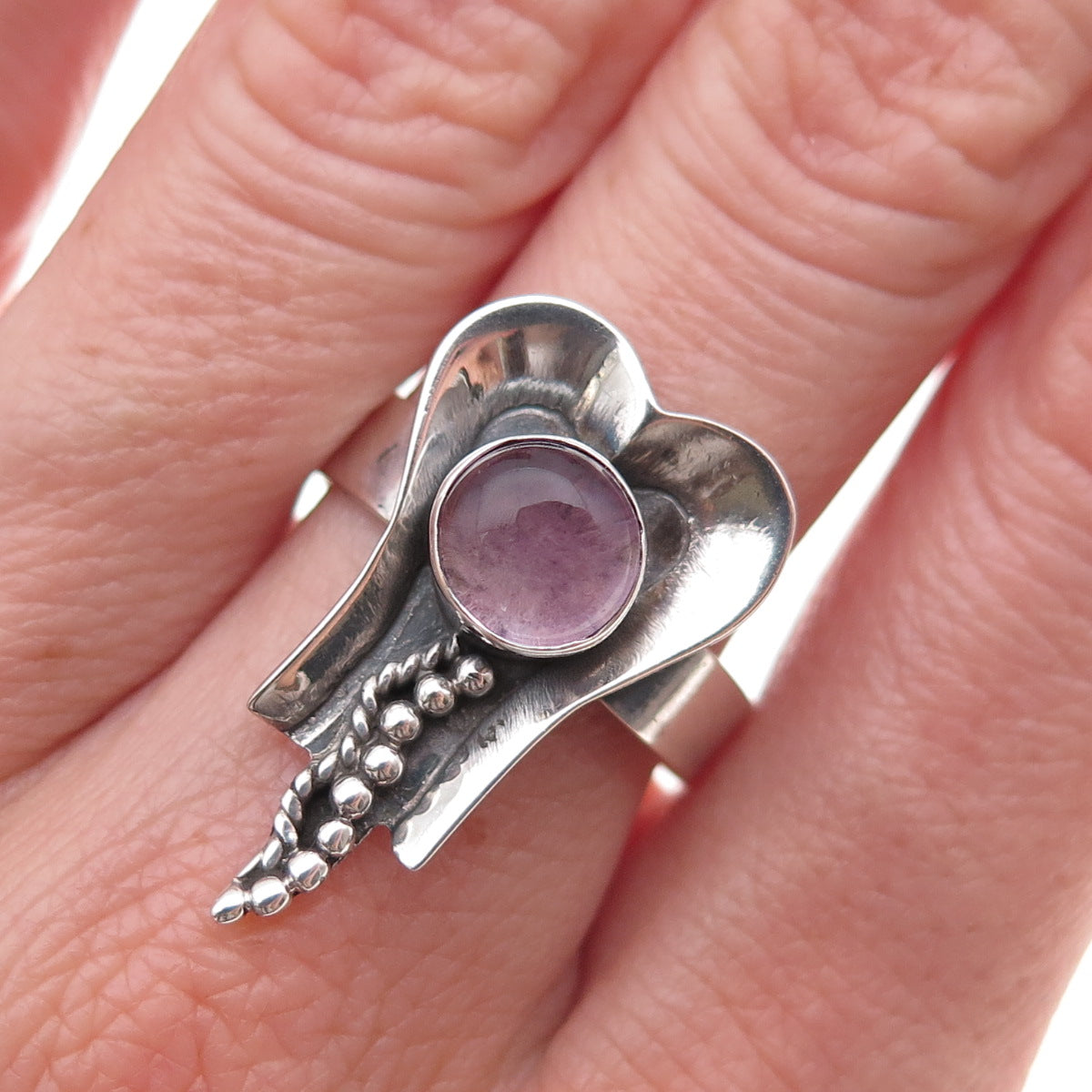 925 Sterling Silver Vintage Real Amethyst Modernist Oxidized Ring Size 8.5