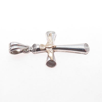 925 Sterling Silver 14K Gold Vintage Holy Spirit Cross Charm Pendant