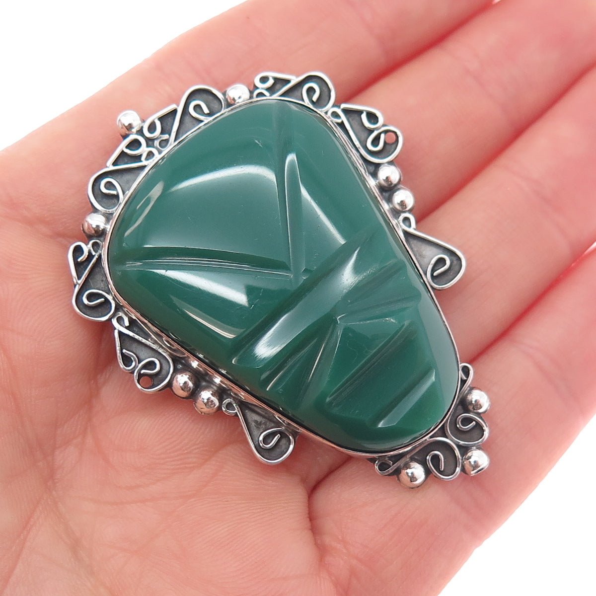 925 Sterling Silver Vintage Mexico Real Green Onyx Aztec God Pin Brooch Pendant