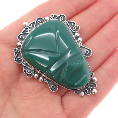 925 Sterling Silver Vintage Mexico Real Green Onyx Aztec God Pin Brooch Pendant