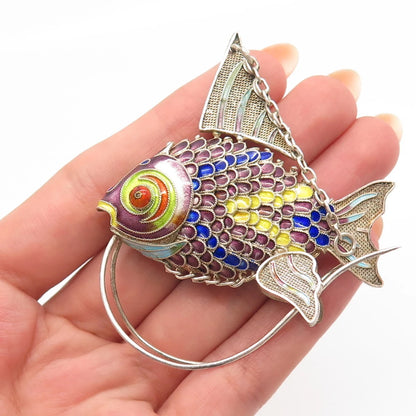 925 Sterling Silver Antique Enamel Chinese Koi Fish Articulated Chatelaine Fob