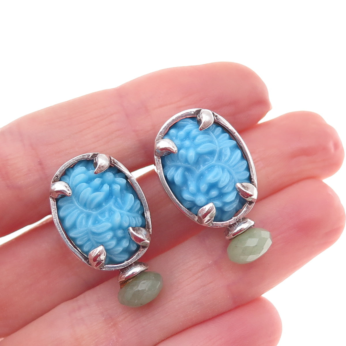 925 Sterling Silver Vintage Real Turquoise Aventurine Floral Omega Back Earrings
