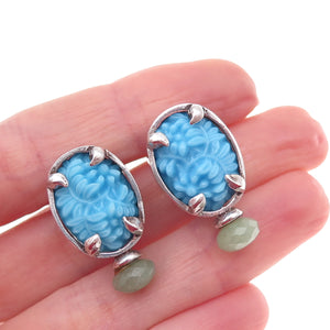 925 Sterling Silver Vintage Real Turquoise Aventurine Floral Omega Back Earrings