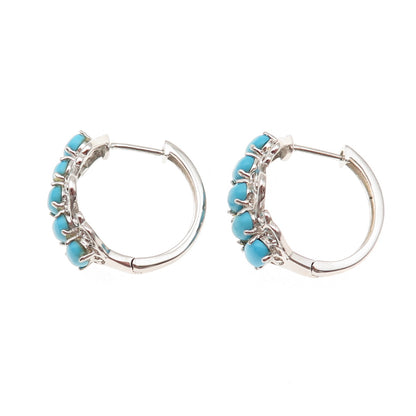 925 Sterling Silver Real Sleeping Beauty Turquoise Ornate Hoop Earrings