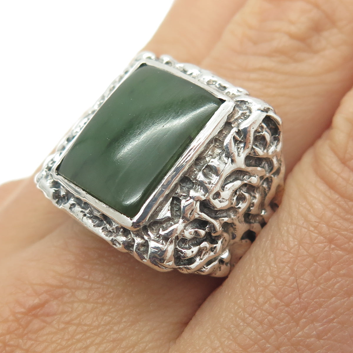 925 Sterling Silver Vintage Real Jade Nugget Ring Size 9