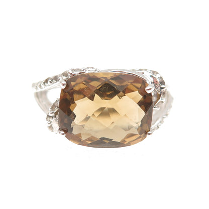 925 Sterling Silver Real Smoky Quartz & White Topaz Ring Size 7.25