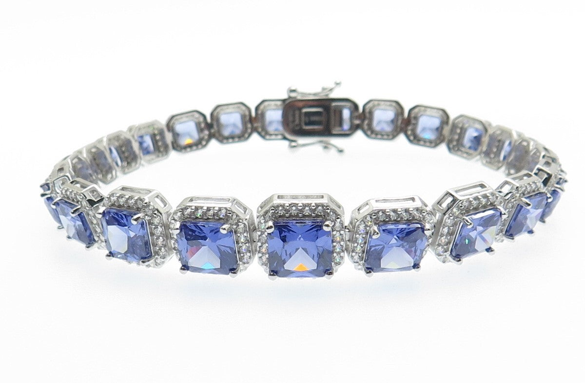 925 Sterling Silver Blue & White C Z Princess Link Bracelet 8"