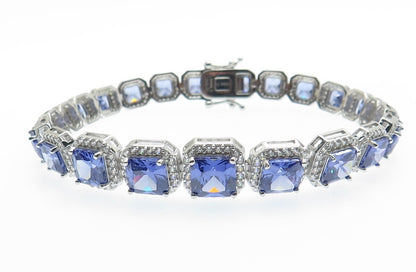 925 Sterling Silver Blue & White C Z Princess Link Bracelet 8"
