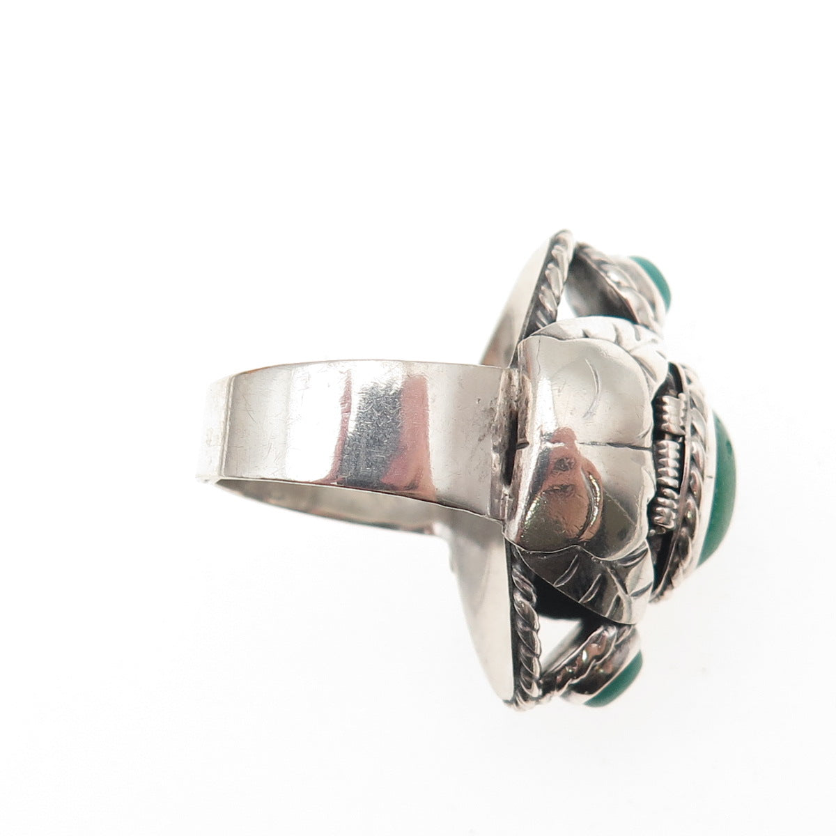 925 Sterling Vintage Mexico Amazonite Turquoise Adjustable Poison Ring Size 7.25
